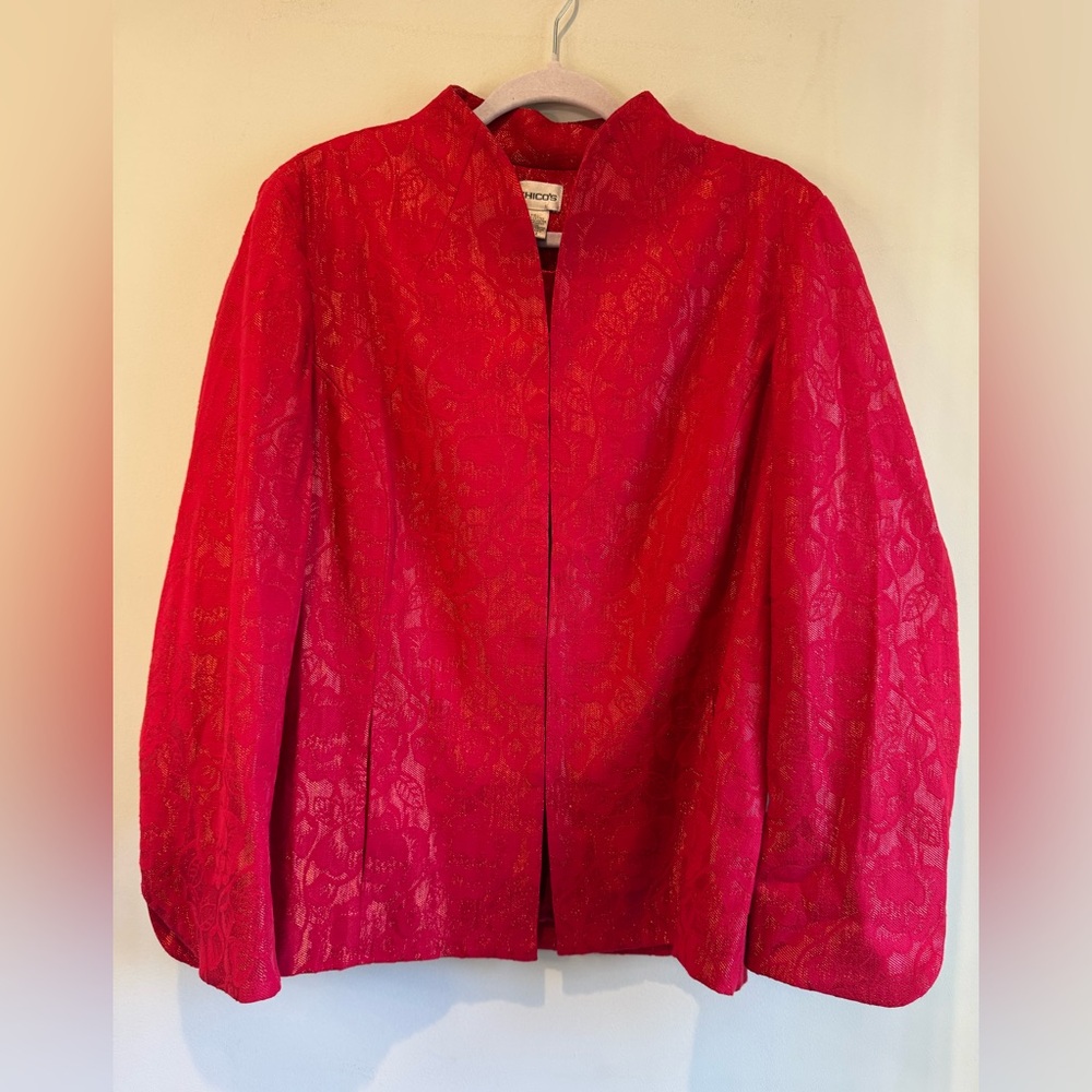 Chico's Red Jacquard Open-Front Jacket